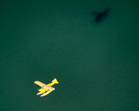 Aerial photo of pontoon boat in flight