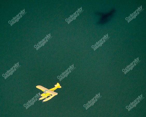 Aerial photo of pontoon boat in flight